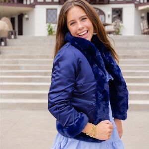 Women's Navy Faux Fur Reversible Bomber Jacket